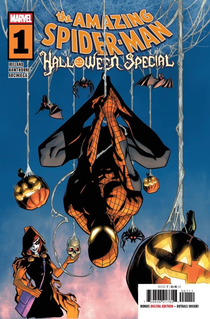 Cover of 'The Amazing Spider-Man Halloween Special' comic book featuring Spider-Man hanging upside down with a pumpkin and a character dressed in a Halloween costume.