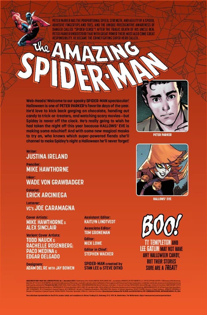 A promotional comic page for 'The Amazing Spider-Man' featuring characters Peter Parker and Hallows' Eve, with a Halloween theme. The page includes creative credits and a brief summary of the story highlighting Spider-Man's spooky adventures.