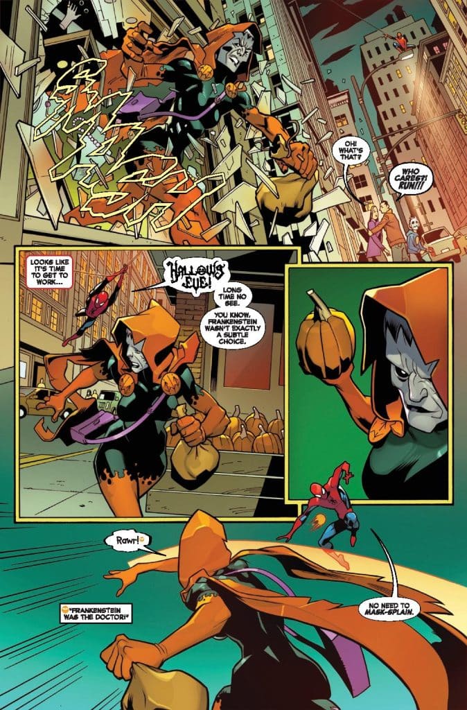 A comic book scene depicting a character wearing a costume with a pumpkin theme, interacting with another character in a city setting, surrounded by startled pedestrians.