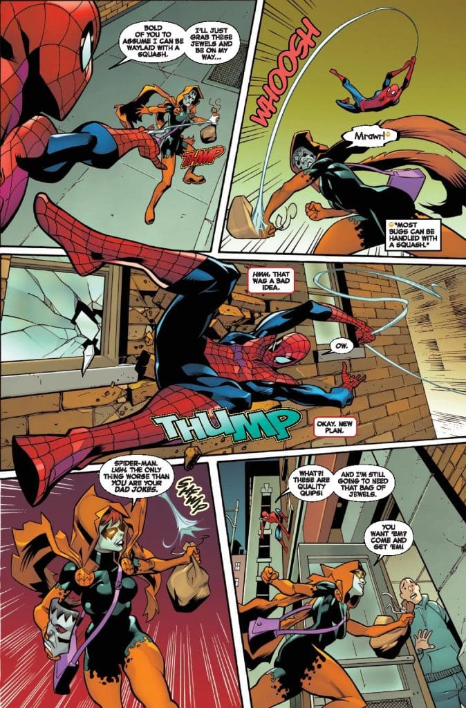 A comic book panel featuring Spider-Man swinging through an urban setting. He is confronted by two characters, one wearing a green costume and another in a yellow and black outfit, who are discussing stealing jewels. The scene conveys a humorous exchange between the characters.
