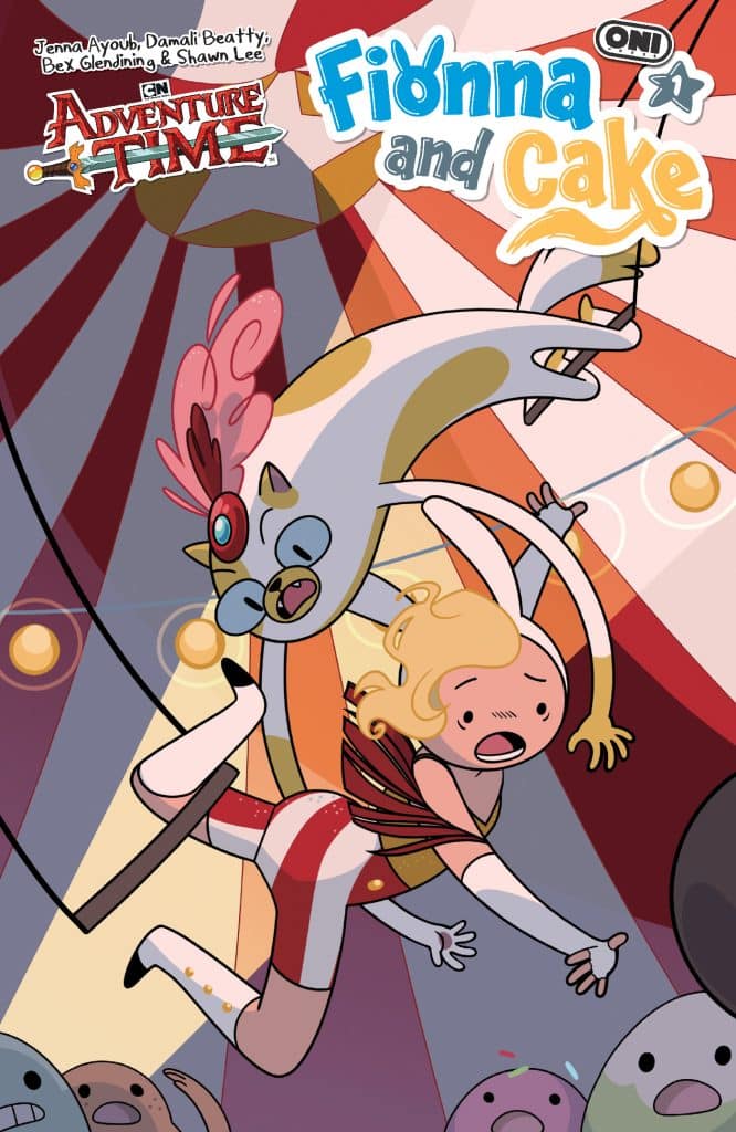 Comic cover featuring Fionna and Cake in a circus setting, with colorful backgrounds and playful characters.