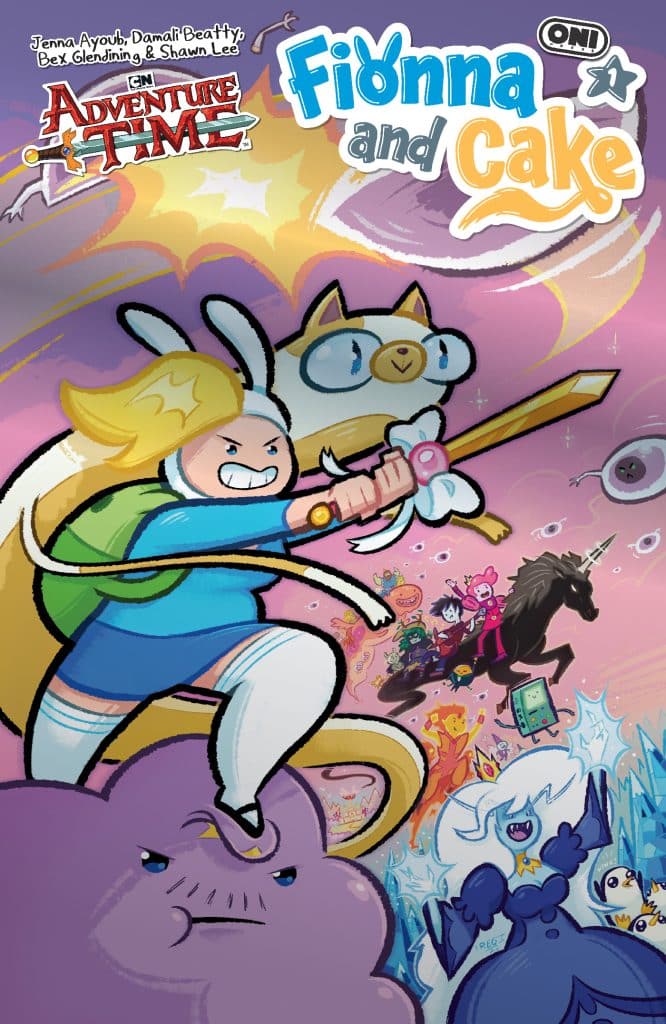 Cover of 'Fionna and Cake' comic featuring Fionna wielding a sword, accompanied by Cake and other characters from the series.
