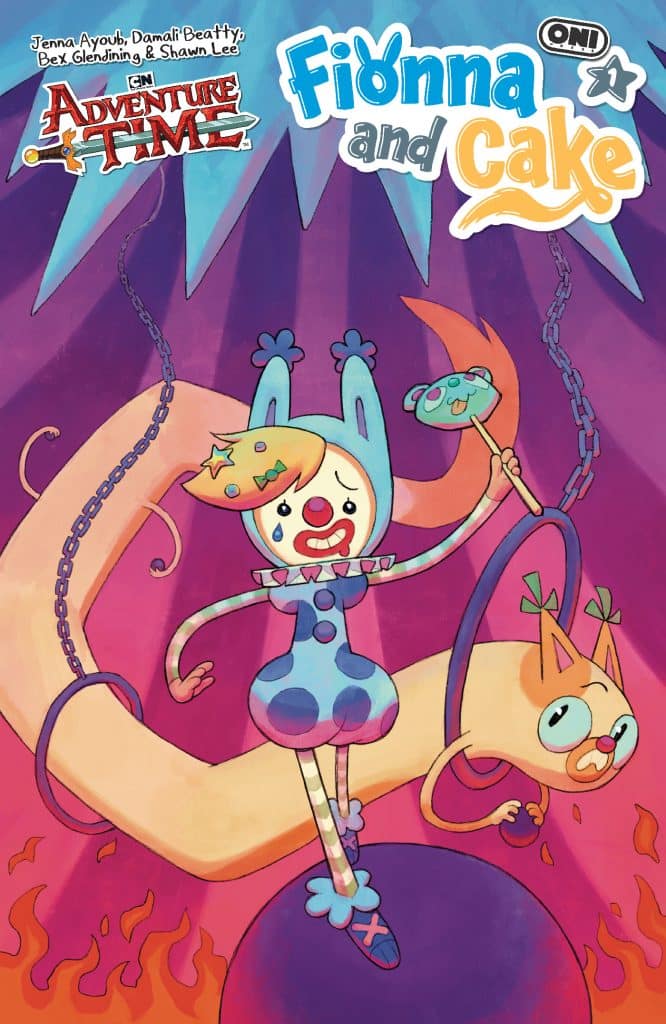 Cover of 'Fionnna and Cake' comic from Adventure Time featuring a character in a blue polka dot costume with a clown face, standing on a ball with a distressed expression, surrounded by flames and vivid colors.