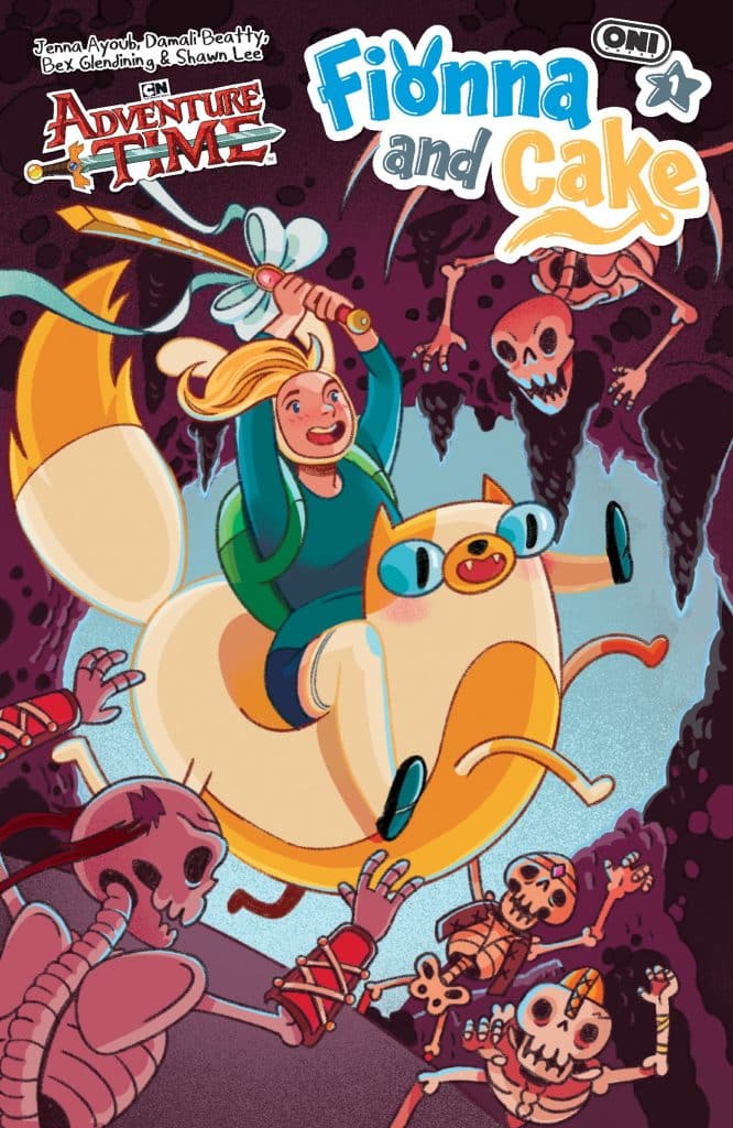 A colorful comic cover featuring Fionna riding a large cat-like creature named Cake, surrounded by skeletal figures in a cave setting.