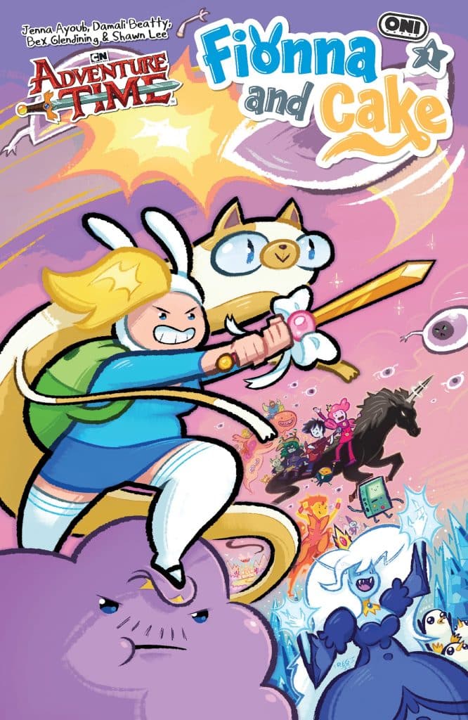 Cover of 'Adventure Time: Fionna and Cake' comic featuring Fionna wielding a sword alongside Cake the cat, with colorful and whimsical background elements including various characters from the series.