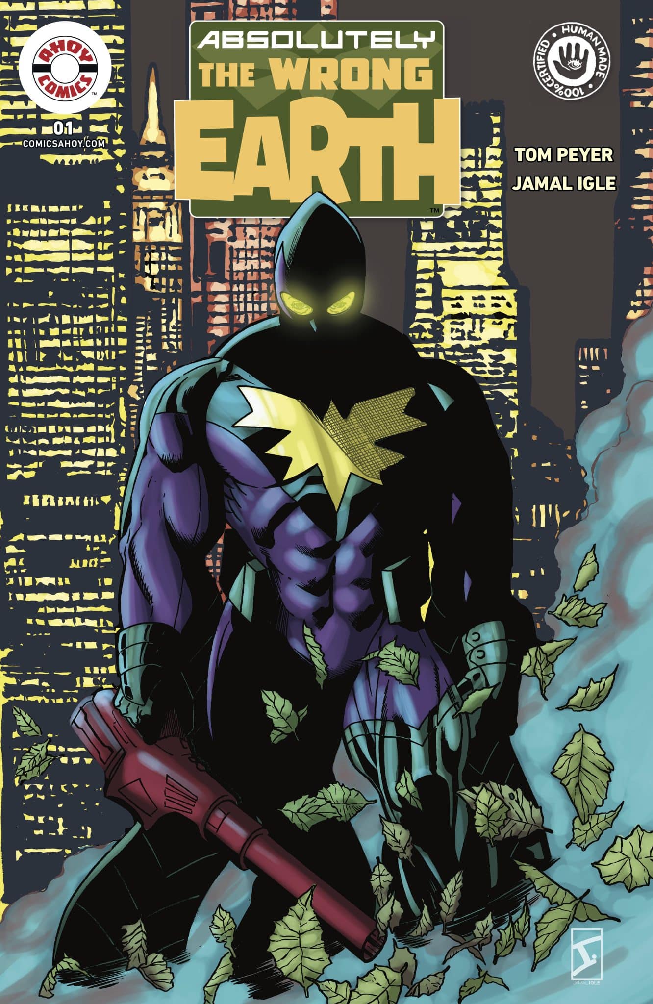 Comic book cover featuring a superhero in a dark suit with a lightning bolt emblem, set against a city skyline. The character stands confidently with a weapon, surrounded by swirling leaves.