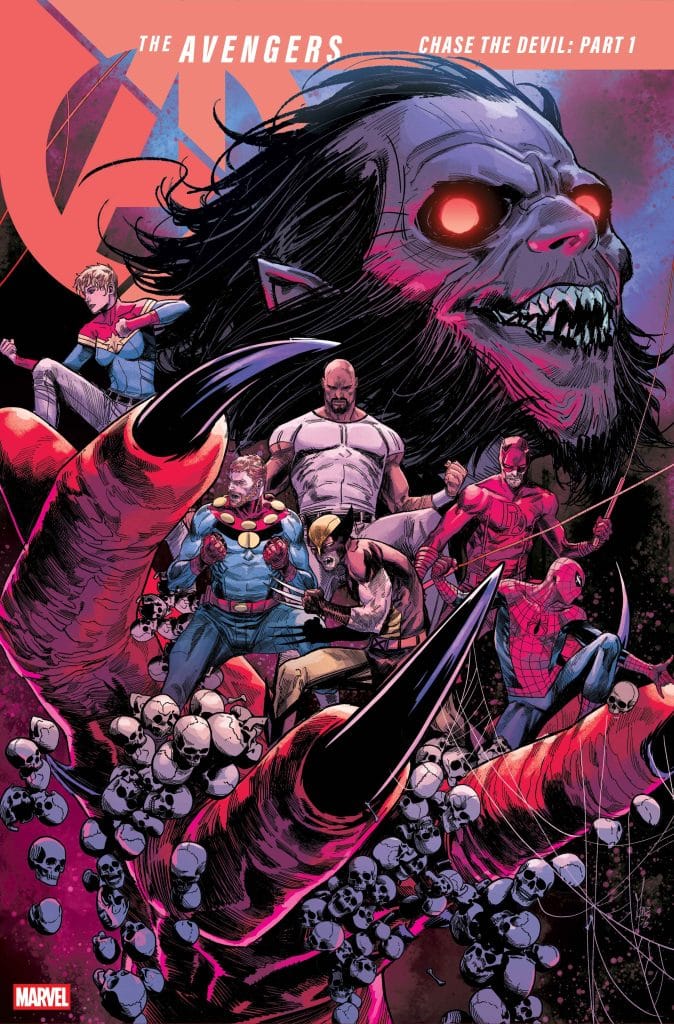 Comic book cover featuring the Avengers battling a monstrous creature with glowing red eyes, set against a dark, dynamic background filled with skulls.
