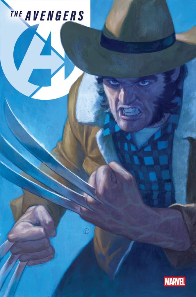 Illustration of a fierce character from The Avengers, wearing a cowboy hat and a brown jacket, showcasing retractable claws and a determined expression against a blue background.