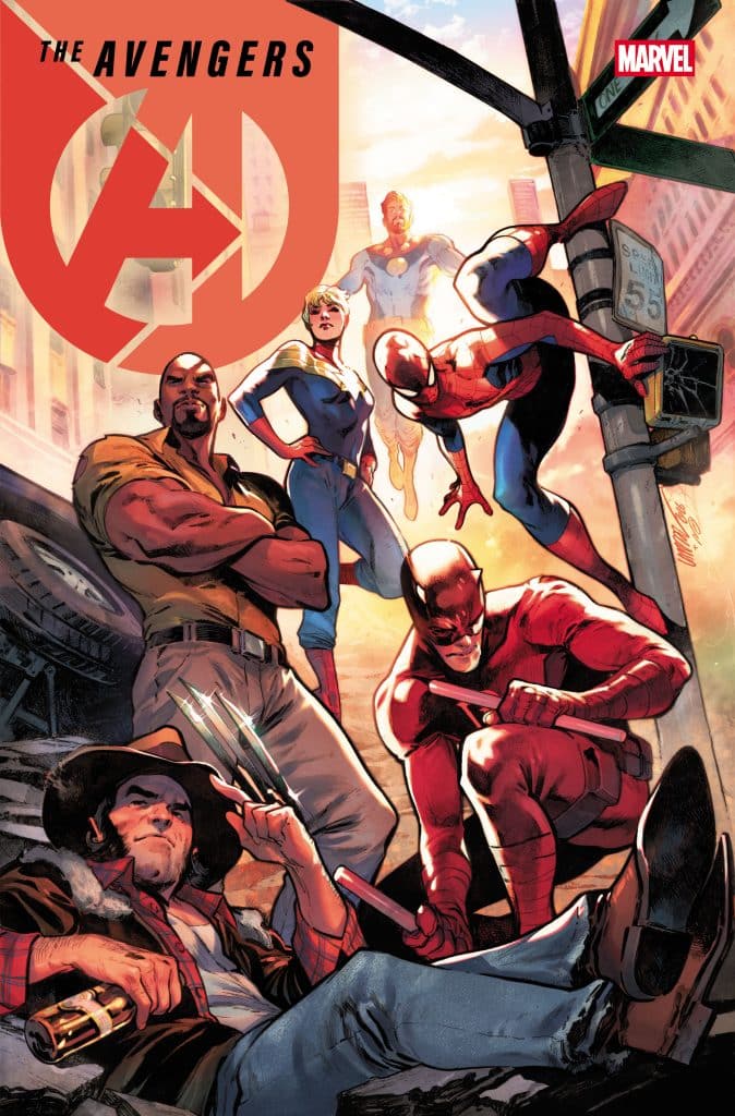 A dynamic comic book cover featuring iconic superheroes from The Avengers, including Spider-Man, Daredevil, Captain Marvel, and others, set against an urban backdrop with a striking logo.