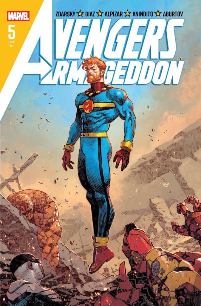 Cover of 'Avengers Armageddon' issue #5 featuring a superhero in a blue and yellow costume standing triumphantly amidst rubble, with defeated heroes in the foreground.