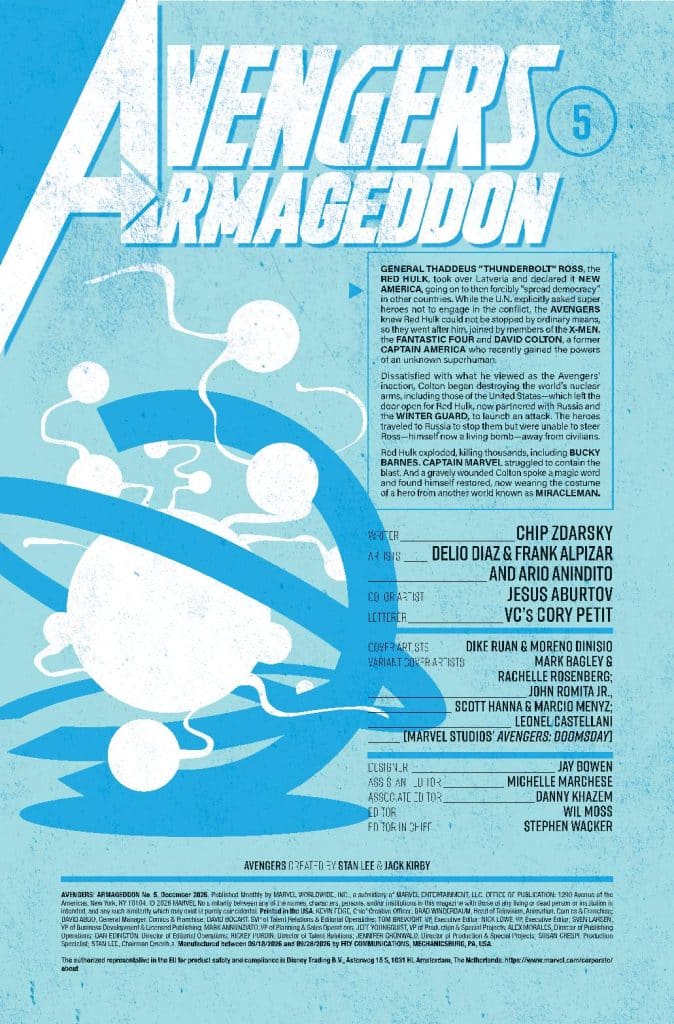 Cover page of 'Avengers Armageddon' issue 5 featuring graphic design elements and a blue background. The page includes text about the storyline, character introductions, and credits for the creative team.