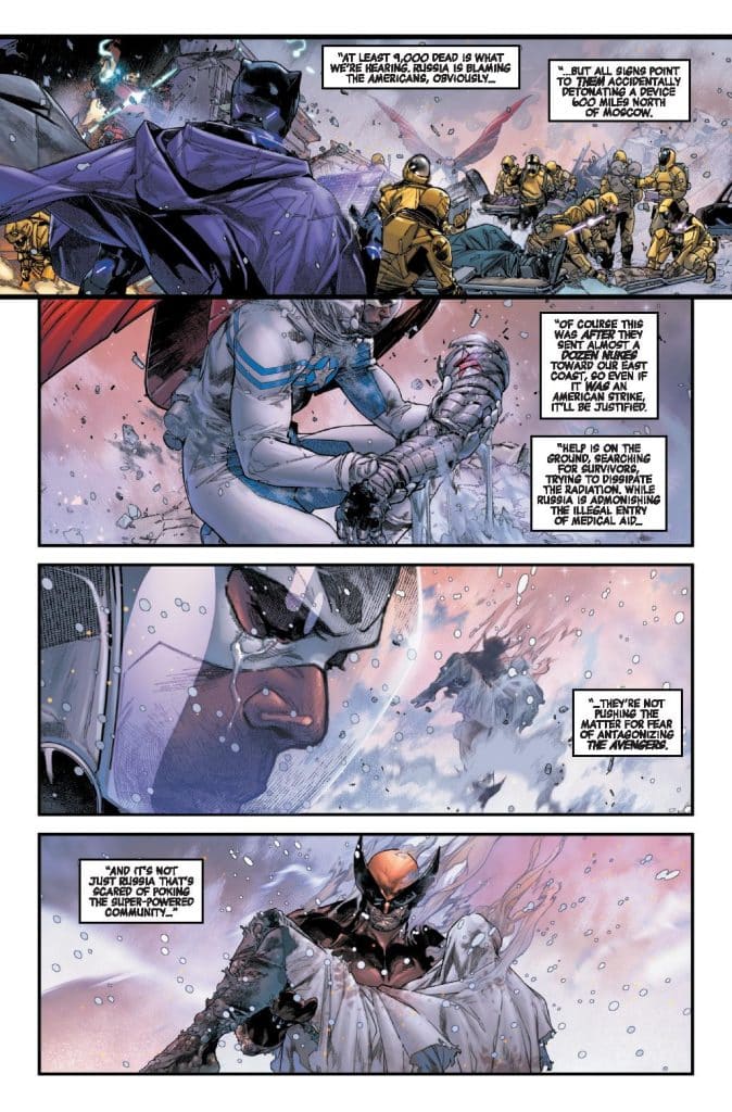 A comic book page featuring superheroes discussing a serious incident involving casualties and international blame, with dramatic illustrations of characters in action and emotional expressions.
