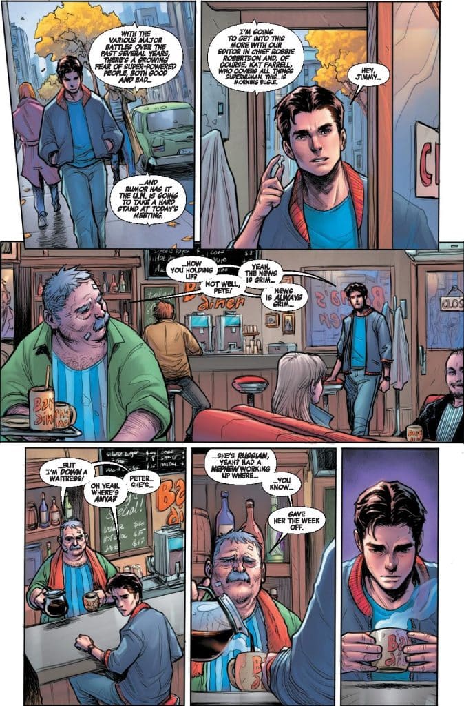 A comic book scene featuring a young man speaking on the phone in a diner, discussing an upcoming meeting, while an older man with a mustache listens nearby. Characters express concern about current news and personal situations.