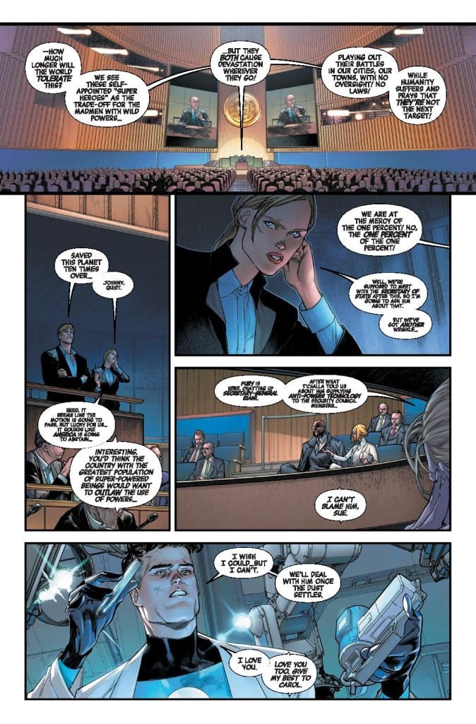A panel from a comic book depicting a tense meeting with various characters discussing the implications of superhero actions. Some characters are sitting in a formal setting, while others are engaged in conversation, expressing concern over power dynamics and laws regarding superheroes.