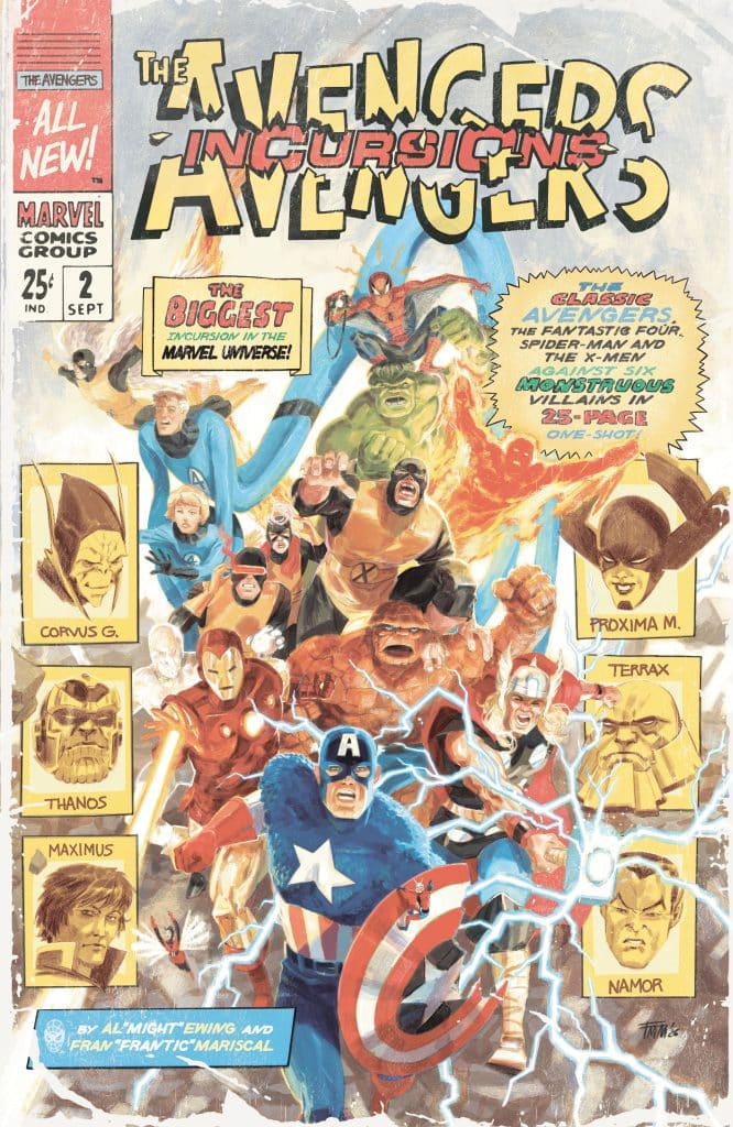 Cover of 'The Avengers' comic book issue featuring various superheroes like Captain America, Iron Man, and The Thing, engaged in an action-packed scene with lightning and a colorful background.