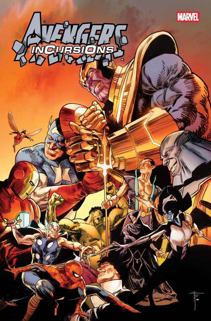 Comic book cover featuring Marvel superheroes such as Thor, Iron Man, Captain America, and Spider-Man, gathered around the villain Thanos, with a dramatic background and the title 'Avengers: Incursions'.