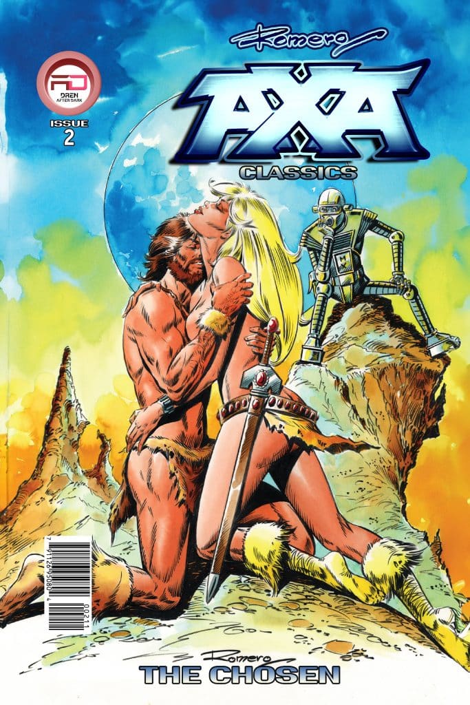 Cover of the comic 'Axa Classics Issue 2', featuring a muscular man and a woman in a passionate embrace, with a futuristic robot and a colorful, vibrant background.