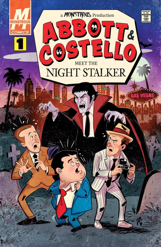 A comic book cover featuring Abbott and Costello meeting a vampire character called the Night Stalker. The setting includes a graveyard with palm trees and a Las Vegas backdrop, showcasing a humorous and spooky theme.