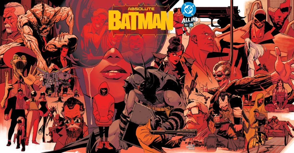 A vibrant comic-style illustration featuring Batman and various characters from the DC universe, including heroes and villains, in an action-packed and dynamic composition.