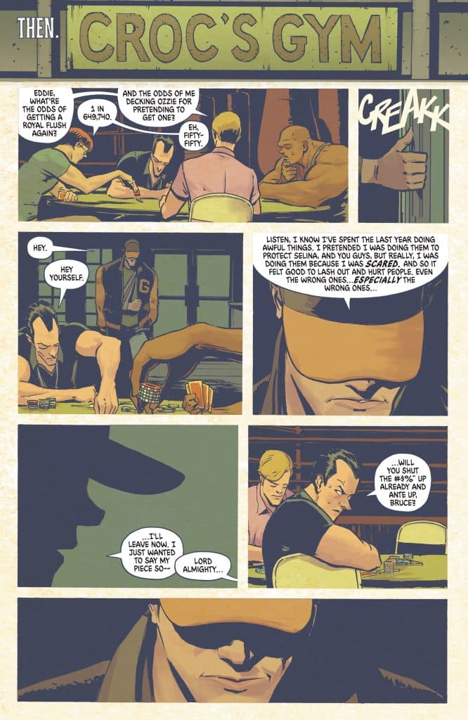 A comic page set in Croc's Gym featuring characters engaged in conversation while playing cards. One character expresses frustrations about past actions and emotions, while another character reacts with annoyance.