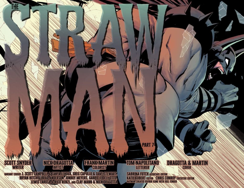 Comic book cover for 'The Straw Man' featuring a muscular character in a dynamic pose with shards of glass around, showcasing a bold title and credits for the creative team.