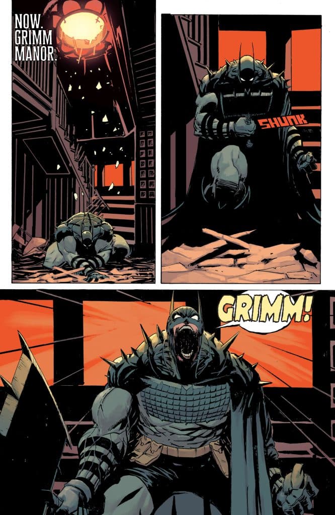 A dark comic book scene featuring a muscular, armored character in a dimly lit hallway. The character appears distressed or angry, with a detailed costume and a fierce expression. The background shows crumbling architecture and a glowing light source overhead.