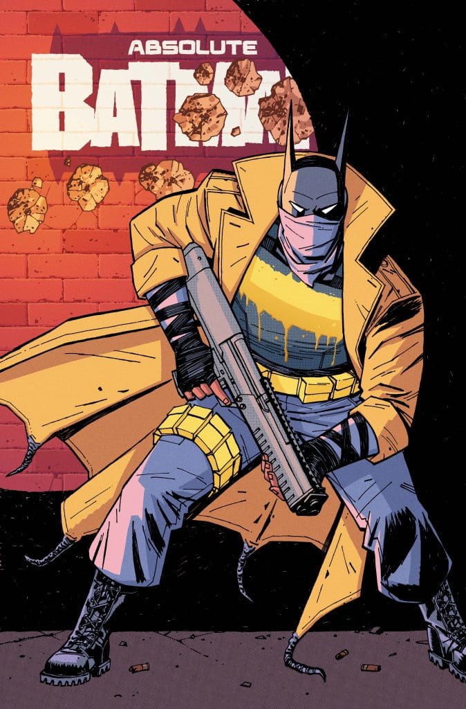 A stylized comic book illustration of a character resembling a vigilante in a yellow trench coat and mask, holding a weapon, set against a graffiti-style background with the word 'ABSOLUTE' above.