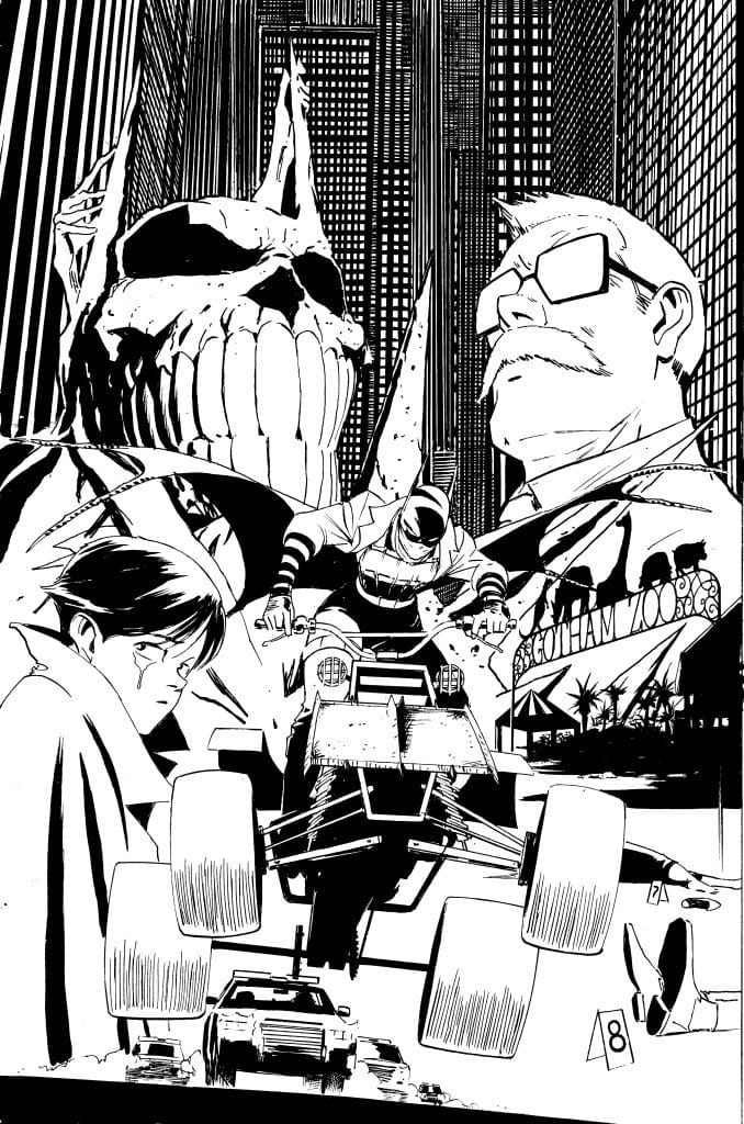 A dynamic black and white comic-style illustration featuring a menacing Batman silhouette, a character on a motorcycle, and various Gotham city elements, including a zoo sign.