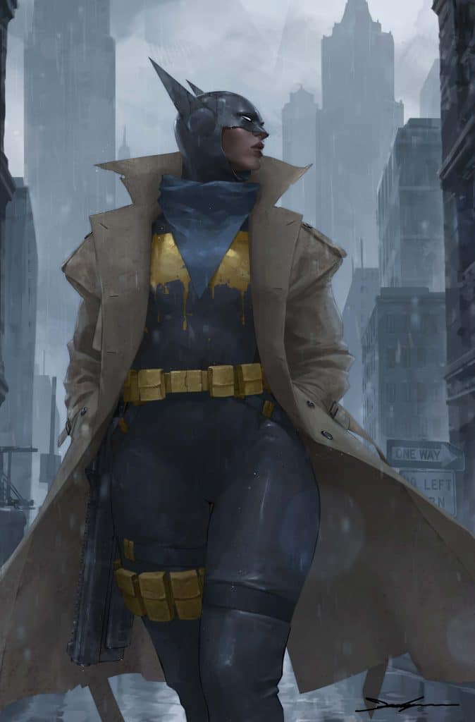 A superheroine dressed in a dark outfit with a yellow emblem, wearing a trench coat and a mask, stands confidently in a city street during a rainy day, with skyscrapers in the background.