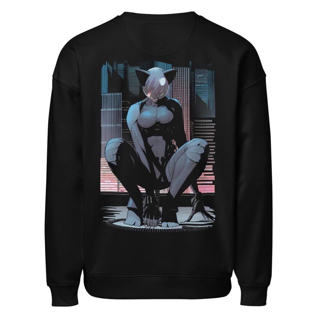 Black sweatshirt featuring an illustration of a crouching humanoid figure with cat-like ears, set against a cityscape background with neon lights.