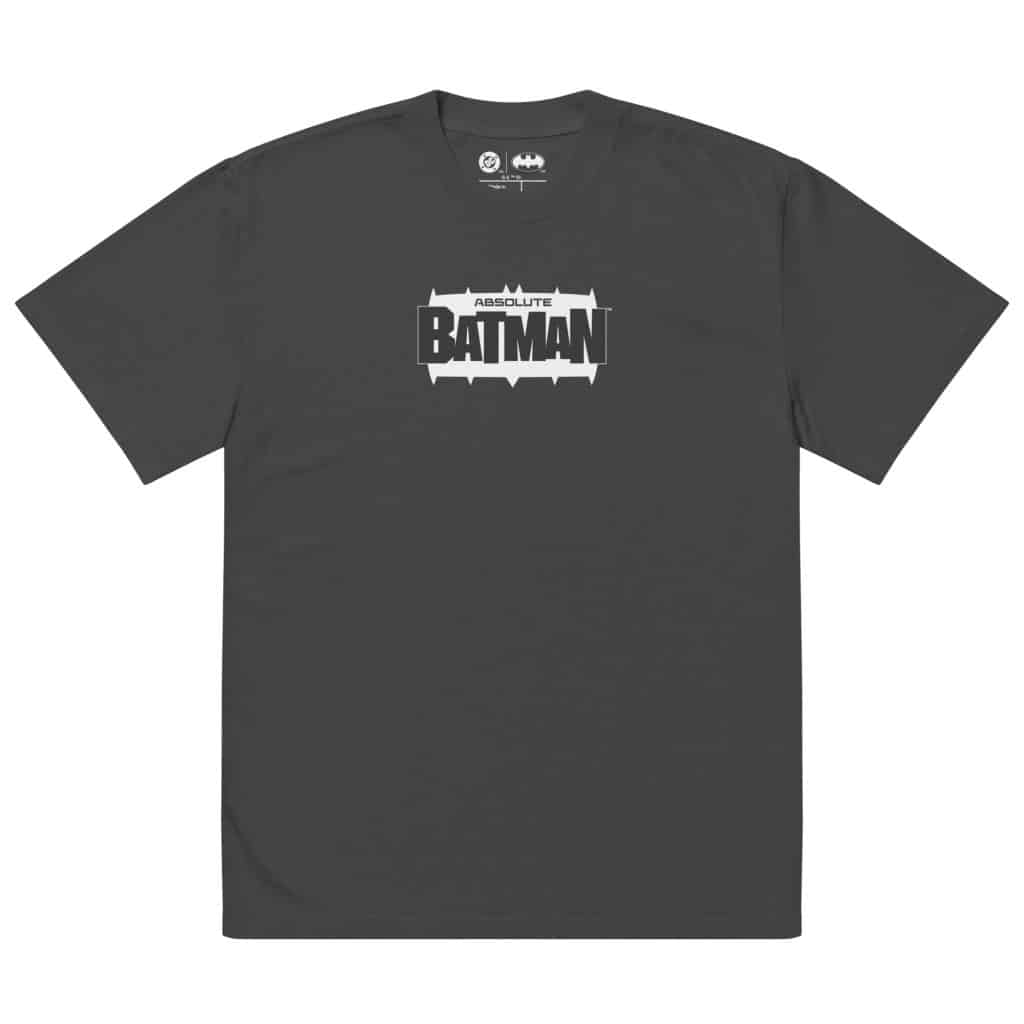 A dark gray t-shirt featuring the text 'ABSOLUTE BATMAN' in bold black letters.