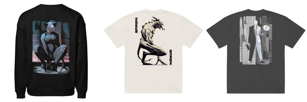 Black sweatshirt featuring an illustration of a crouching character with digital elements in the background.