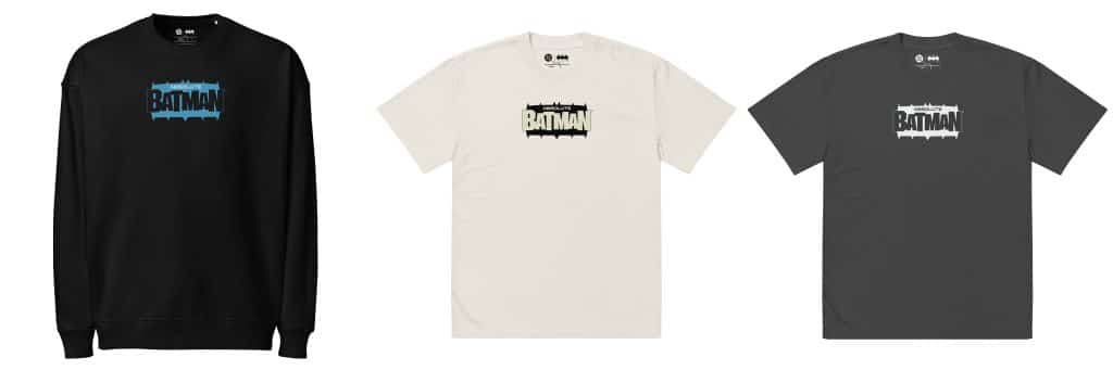 A black sweatshirt featuring a blue 'BATMAN' logo on the front.