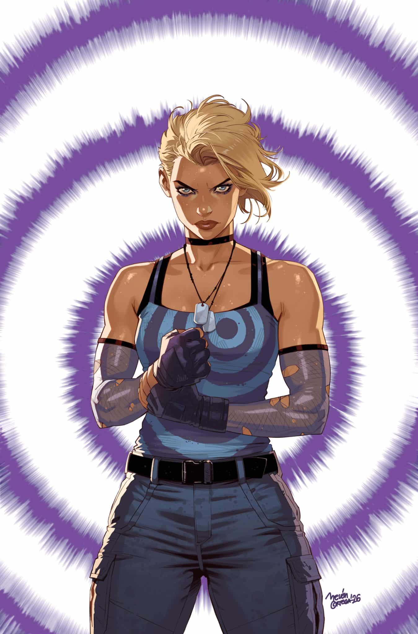 A strong female character with short blonde hair and a determined expression, wearing a blue tank top with a circular design and military-style pants, standing confidently against a swirling purple background.