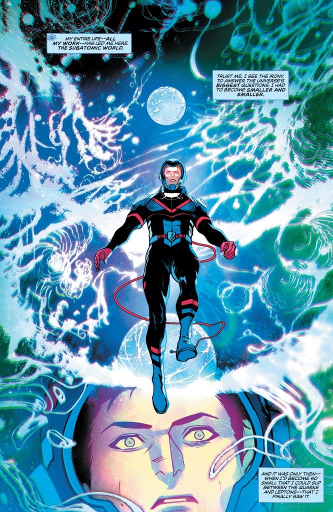 A superhero character in a black suit with red accents floats in a colorful subatomic environment, featuring swirling energy patterns and celestial elements like spheres and light bursts. The character appears contemplative, with a focused expression, and is surrounded by vibrant abstract graphics that represent the subatomic world.