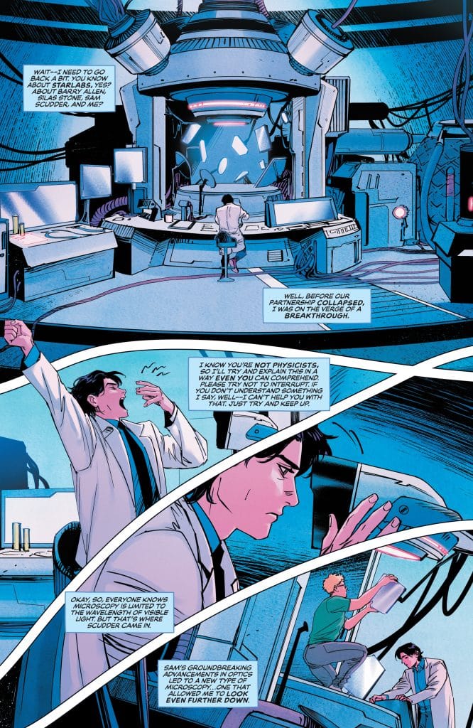 A comic panel featuring two scientists discussing microscopy advancements in a high-tech lab. The central lab equipment is illuminated, with various computers and tools surrounding the scene. One scientist is explaining a breakthrough while another appears focused on a device.