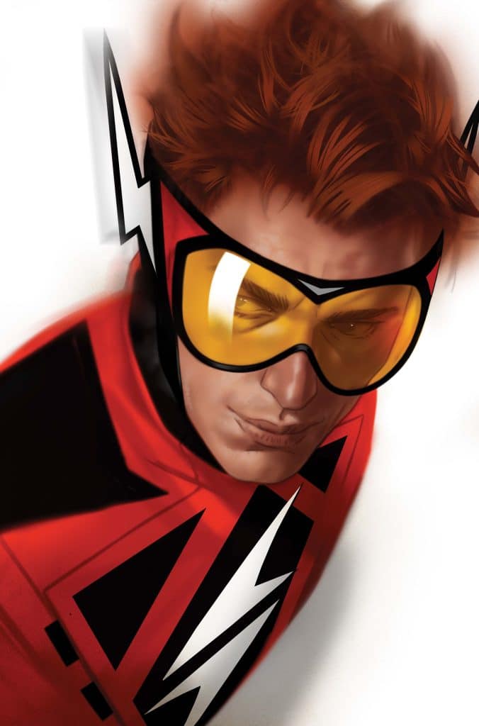 Close-up portrait of a superhero with red hair, wearing a red and black suit featuring a lightning bolt design and yellow goggles.