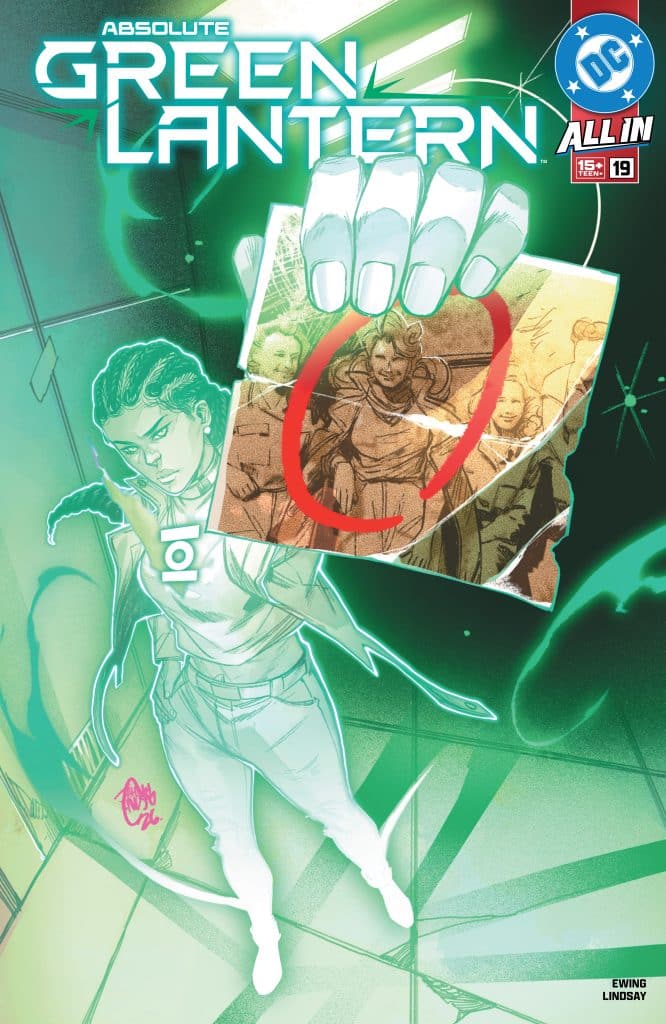 Cover of 'Absolute Green Lantern' comic book featuring a hand holding a photograph with an outlined circle around an image. The background features vibrant green colors and abstract shapes, with the title prominently displayed at the top.