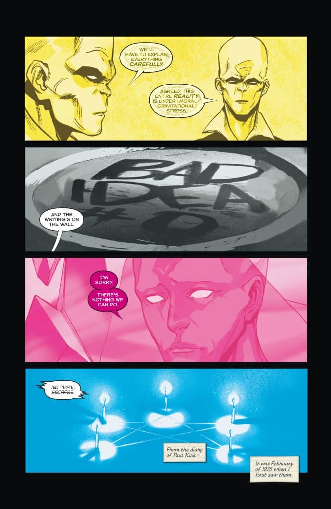 A comic panel featuring two characters in a serious conversation, expressing concern about their reality, with one stating they must explain everything carefully.