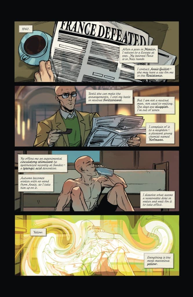A comic panel set in 1940 showing a man reading a newspaper with the headline 'FRANCE DEFEATED' while sipping coffee.