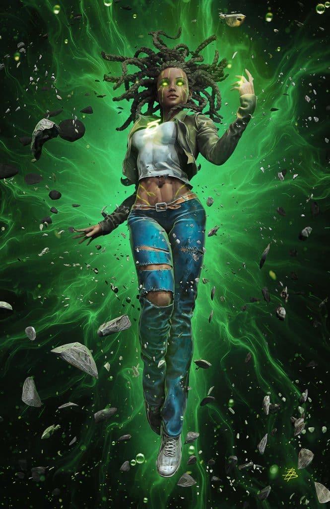 A powerful female character with dreadlocks and glowing green eyes, suspended in mid-air amidst a swirling green energy, surrounded by floating debris.