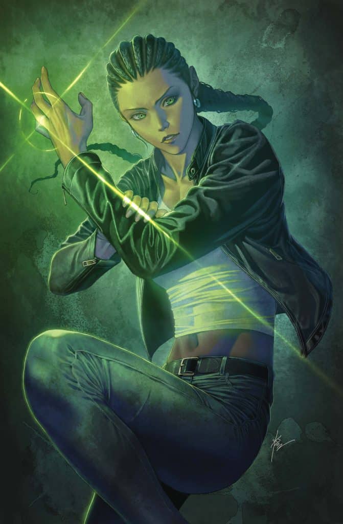 A female character with braided hair, wearing a black leather jacket and blue jeans, posing with an intense expression. Green energy lines emanate from her hands against a dark, textured background.