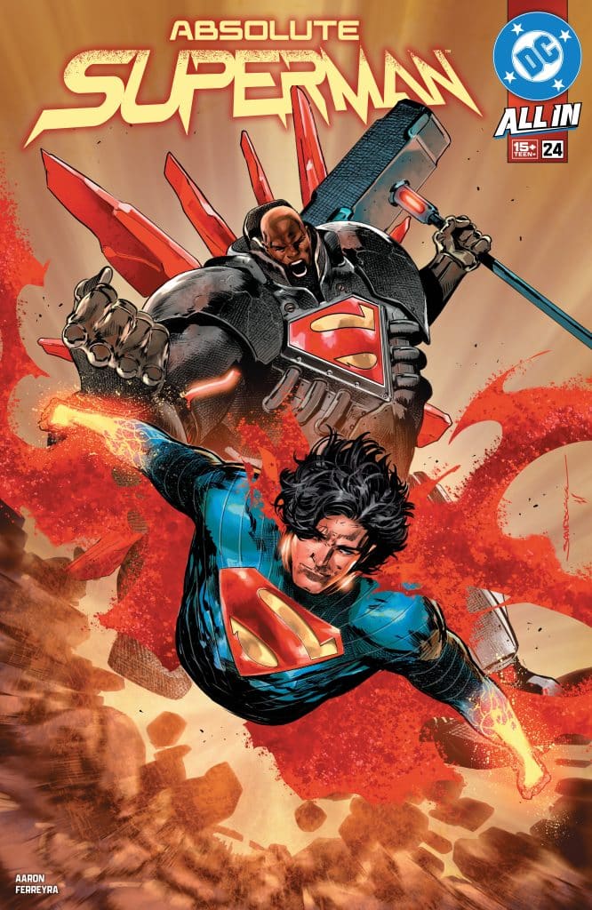 Comic book cover featuring two characters in action: one resembling Superman in a blue costume and another large character with a dark suit and a weapon, against a fiery background.