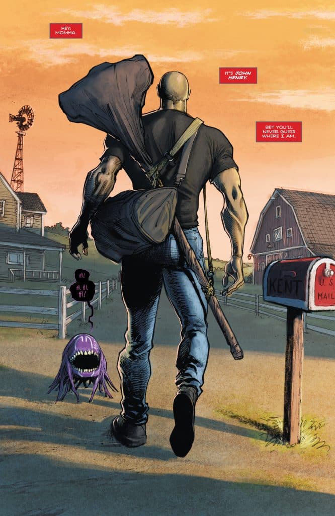 A muscular man with a backpack and a bat walks away from a barn under a sunset sky, accompanied by a small, purple monster with an open mouth, in a rural setting.