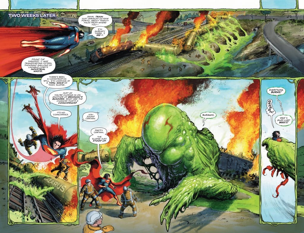 A comic panel featuring Superman flying towards a train disaster, with flames and toxic waste spilling into a river. In the foreground, Superman confronts a large green creature amid chaos and destruction.