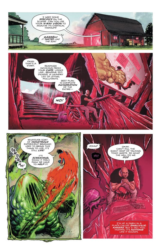 Comic book page featuring two characters discussing a toxic waste situation near a barn, with one character exhibiting an exaggerated monstrous form and expressing distress.