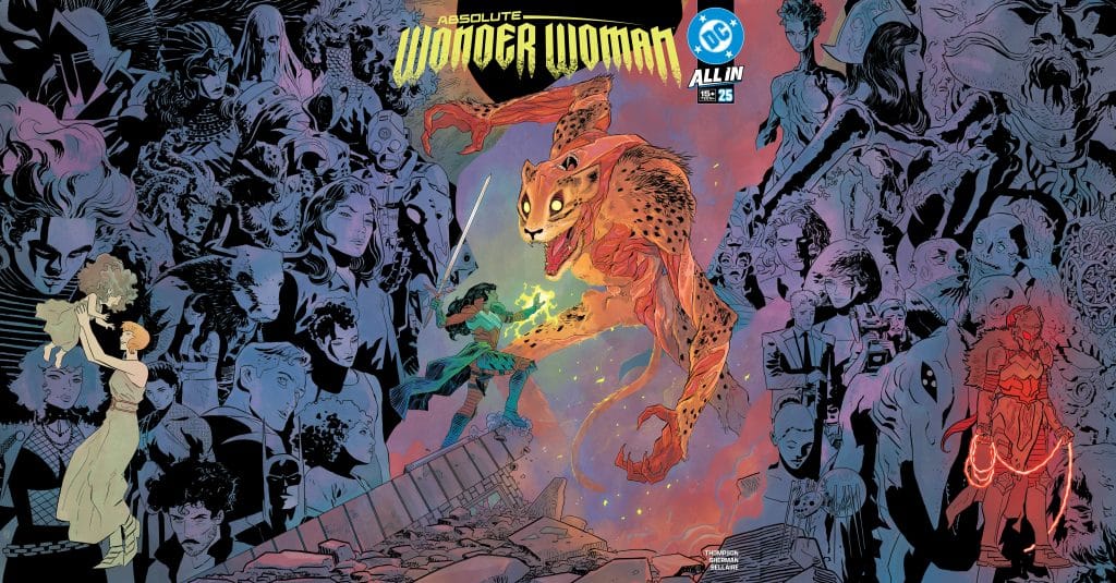 Comic book cover featuring Wonder Woman battling a large, menacing cheetah surrounded by various characters in a colorful, dynamic design.