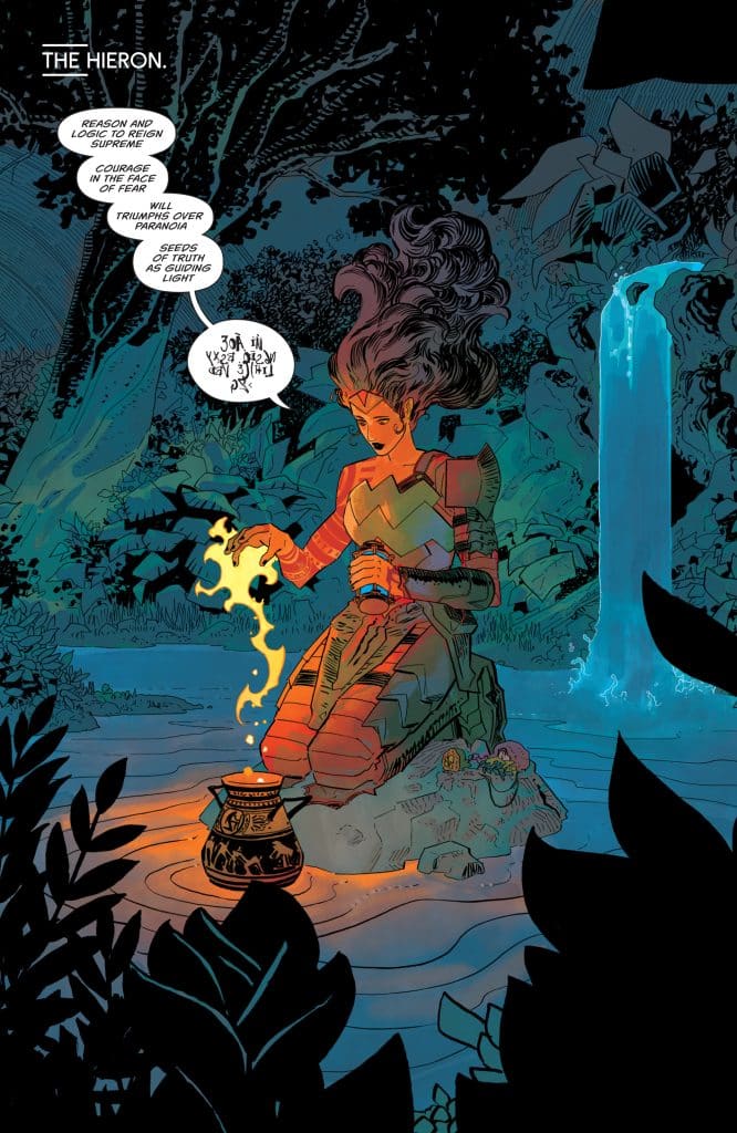 A woman in armor kneels beside a glowing pot in a mystical forest setting, with a waterfall in the background and vibrant foliage surrounding her.