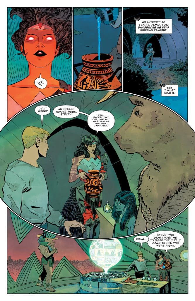 Colorful comic page featuring characters discussing magic and an antidote. One character holds a decorative pot, while others engage in conversation. The backdrop includes mystical elements and technology.