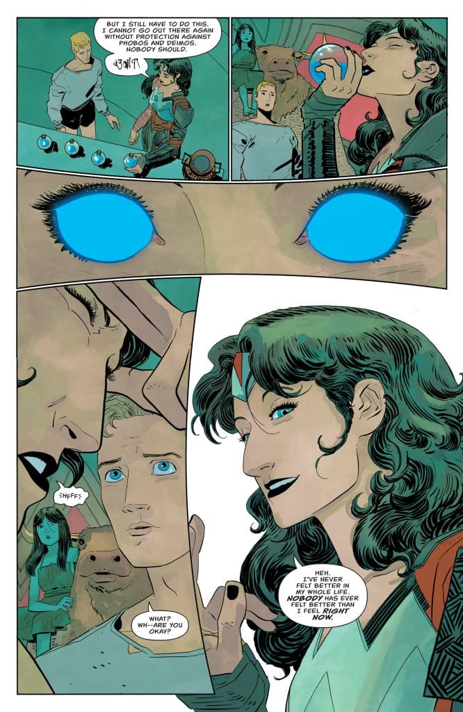 A comic book panel featuring a woman with dark hair and striking blue eyes, drinking from a blue orb, while a concerned man and a character resembling a bear watch. The scene conveys a moment of tension and intrigue between the characters.